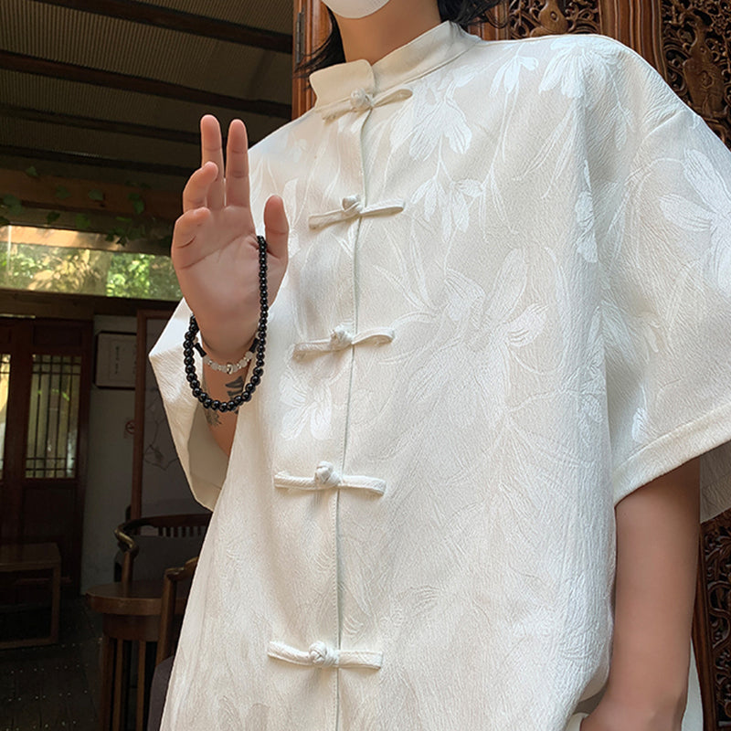 [BIGEMAN Series] ★China style tops★ 2color shirt, bamboo pattern, bamboo, short sleeves, unisex, men's, large size, black white