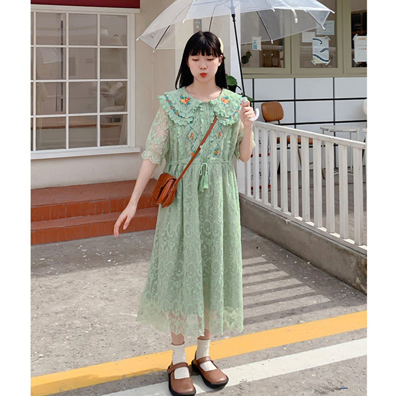 [MUCHA Series] ★One Piece★ Lace Embroidery Ladies Cute Temperament Up Date Commuting Green Green