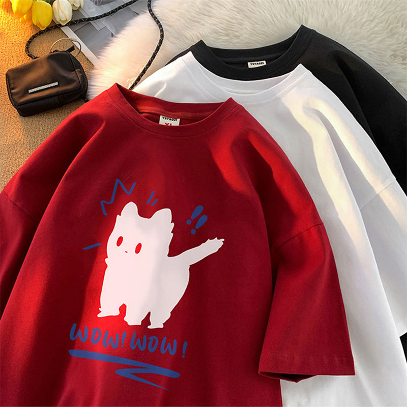 [KADISHOU series] ★T-shirt★ 5color tops, short sleeves, unisex, men's, large size, black, white, red, cat, cat, cat, cat pattern