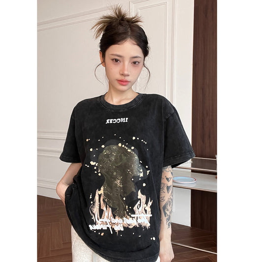 【FEIYUANSHENシリーズ】★Tシャツ★ 4color トップス 半袖 男女兼用 メンズ レトロ ブラック グリーン パープル ピンク