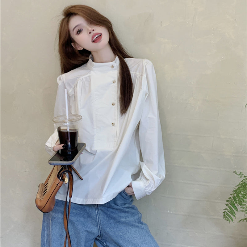 [YIHAO Series]★Shirt★ Tops Long Sleeve Shirt Women's Simple Stand Neck Retro Easy to Match