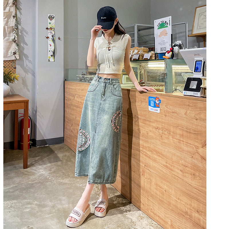 [TUANTUAN Series] ★Chinese-style skirt★ Denim skirt Bottoms Embroidery Women's Easy to match