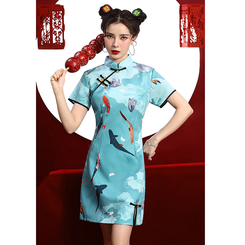 [MOMO Series]★Cheongsam dress★ Chinese style dress, short sleeves, short length, retro blue, blue