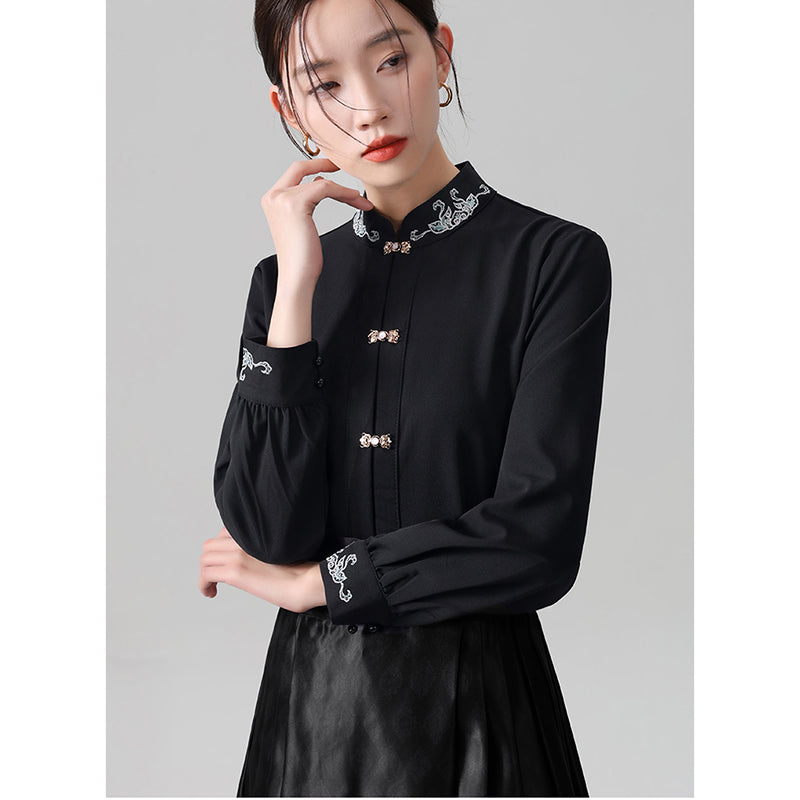 [AIIF Series]★Chinese Style Tops★ 2color Long Sleeve Shirt Chinese Clothes Easy to Match Shirt Black White