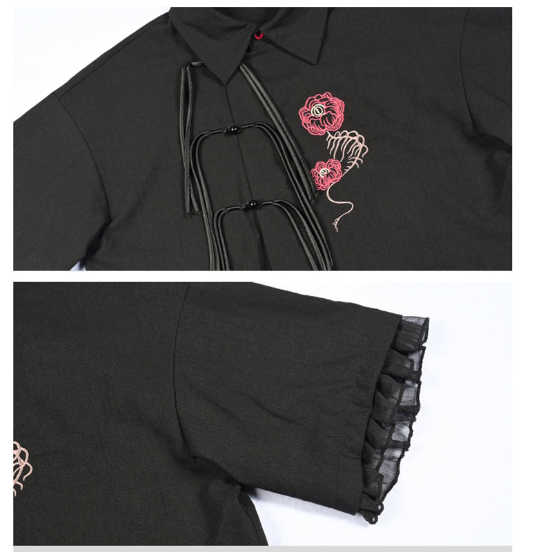 [Kogakusha---Hanabone Series] ★Chinese-style tops★ Embroidered short-sleeved shirt, unique, original design, Chinese clothing