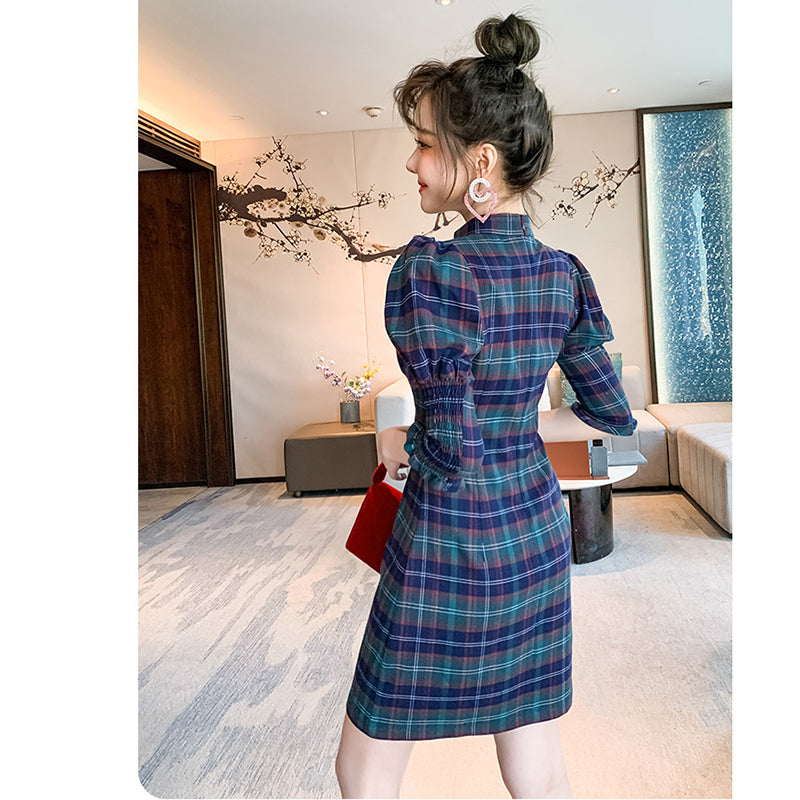 [WEISILU Series]★Cheongsam dress★ Chinese-style dress, plaid pattern, short length, date, wedding, blue-green