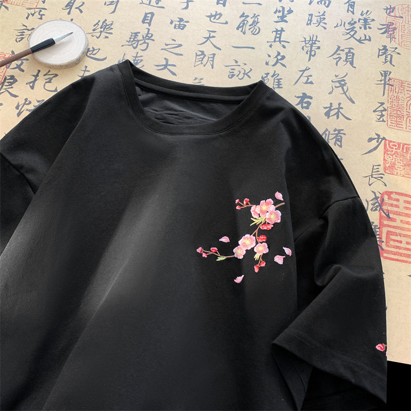 【Vesiboシリーズ】★チャイナ風トップス★ Tシャツ 半袖 刺繍 花柄 梅の花 男女兼用 メンズ ブラック ホワイト