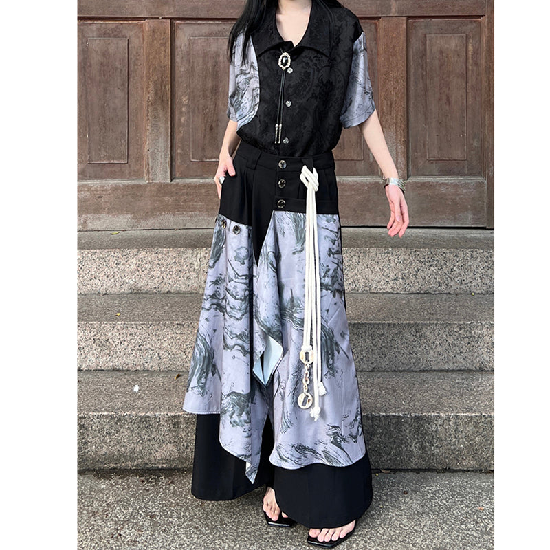 [Illustrated series]★China style pants★Bottoms China button black black unisex men's casual pants