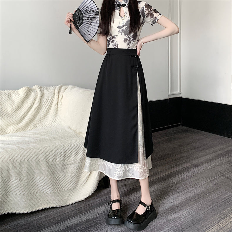 [FQXD Series]★China Style Skirt★ Bottoms Ladies Switching Black Black Elastic Waist