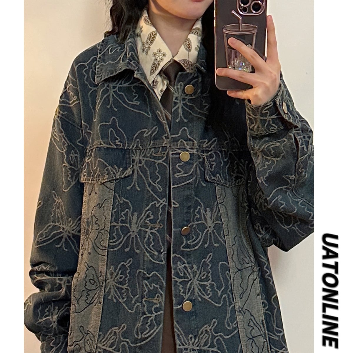 ✿New item! [UATONLINE Series]★Jacket★ Denim jacket Butterfly pattern outerwear Unisex Men's Stylish Blue Blue