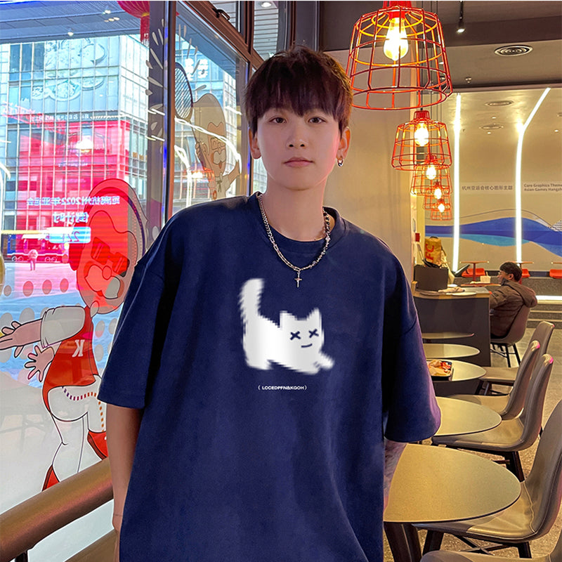 【NANSHIシリーズ】★Tシャツ★ 5color トップス 半袖 男女兼用 メンズ 大きいサイズ スエード 猫 猫柄 ねこ ネコ