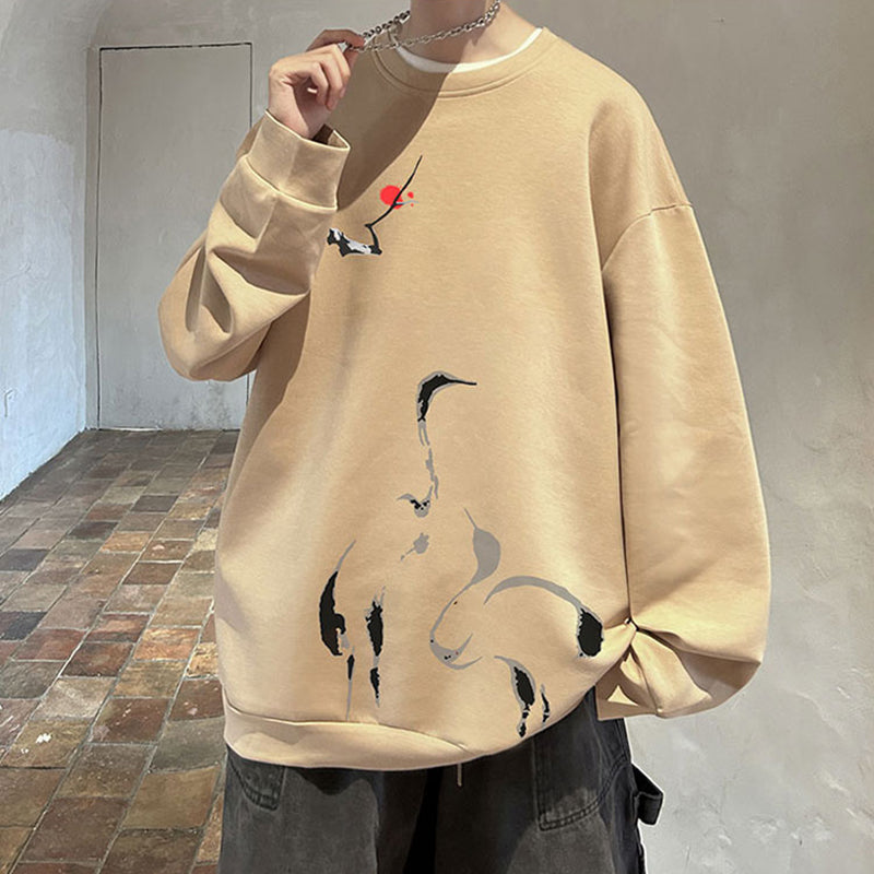 [WUSHE Series]★China Style Tops★ 4color Long Sleeve Tops Sweatshirt Unisex Men's Large Size Crane Tsuru Tsuru