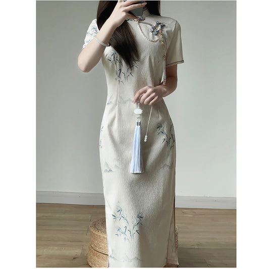 [HUAKAI Series]★Cheongsam dress★ Chinese style dress, short sleeves, long length, bamboo pattern, retro, improves your temperament