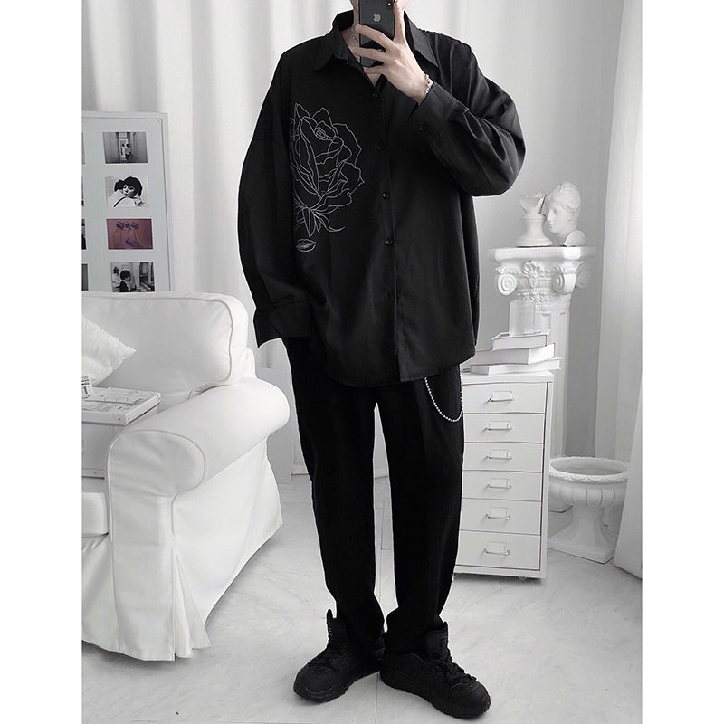 [Fudoku Sensei Series]★Shirt★ 2color long sleeve shirt tops unisex men's black white rose