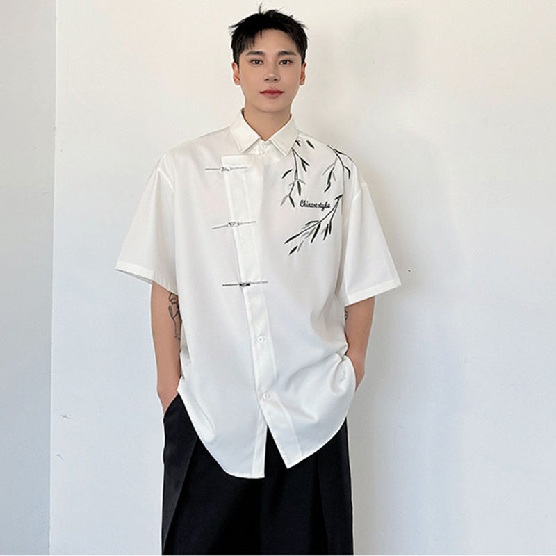 [ZHUIYI series] ★Chinese style tops★ 2 colors Shirt Short sleeve Bamboo Bamboo pattern Panda Men's Black White Chinese clothing