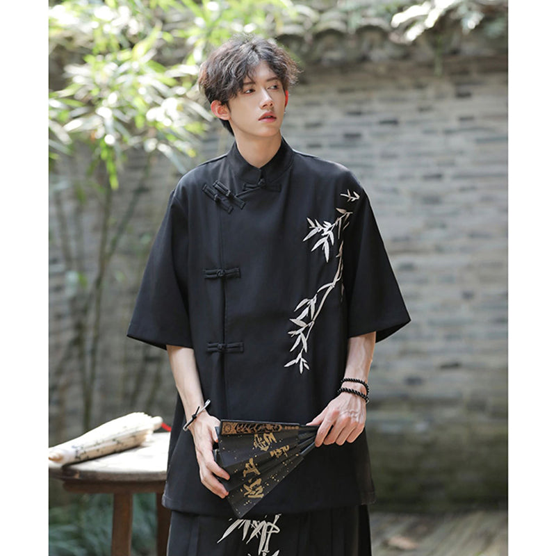 [BIGEMAN Series] ★China style tops★ 2color shirt, bamboo pattern, bamboo, short sleeves, unisex, men's, large size, black white