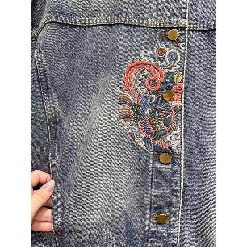 [AILAIQIAN Series]★China style outerwear★ Jacket Denim jacket Embroidery Jeans Blue Blue