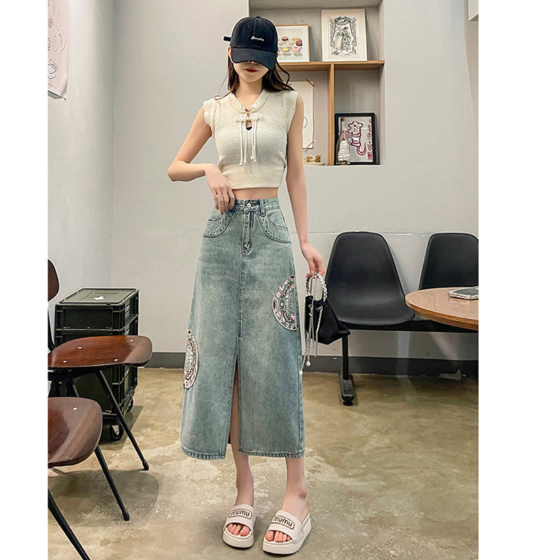 [TUANTUAN Series] ★Chinese-style skirt★ Denim skirt Bottoms Embroidery Women's Easy to match