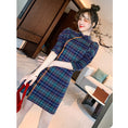 Load image into Gallery viewer, [WEISILU Series]★Cheongsam dress★ Chinese-style dress, plaid pattern, short length, date, wedding, blue-green
