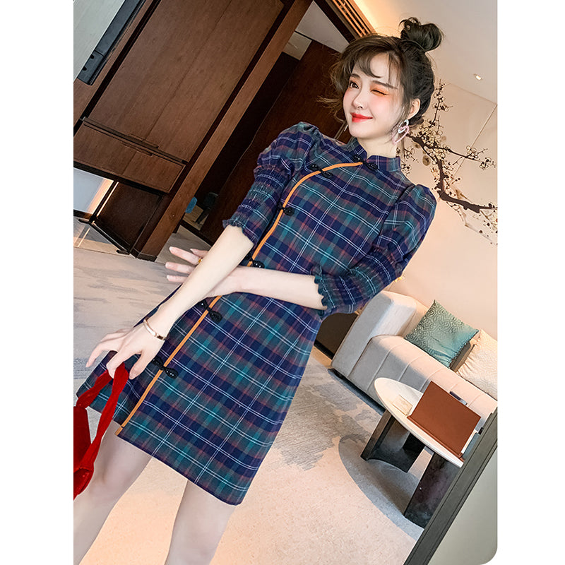 [WEISILU Series]★Cheongsam dress★ Chinese-style dress, plaid pattern, short length, date, wedding, blue-green