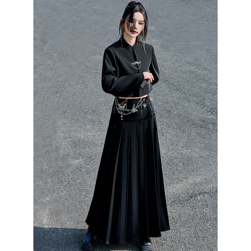 [Yunman slanted hairpin series] ★China style skirt★ Skirt with chain Bottoms Long skirt Chinese clothes Slimming black Black