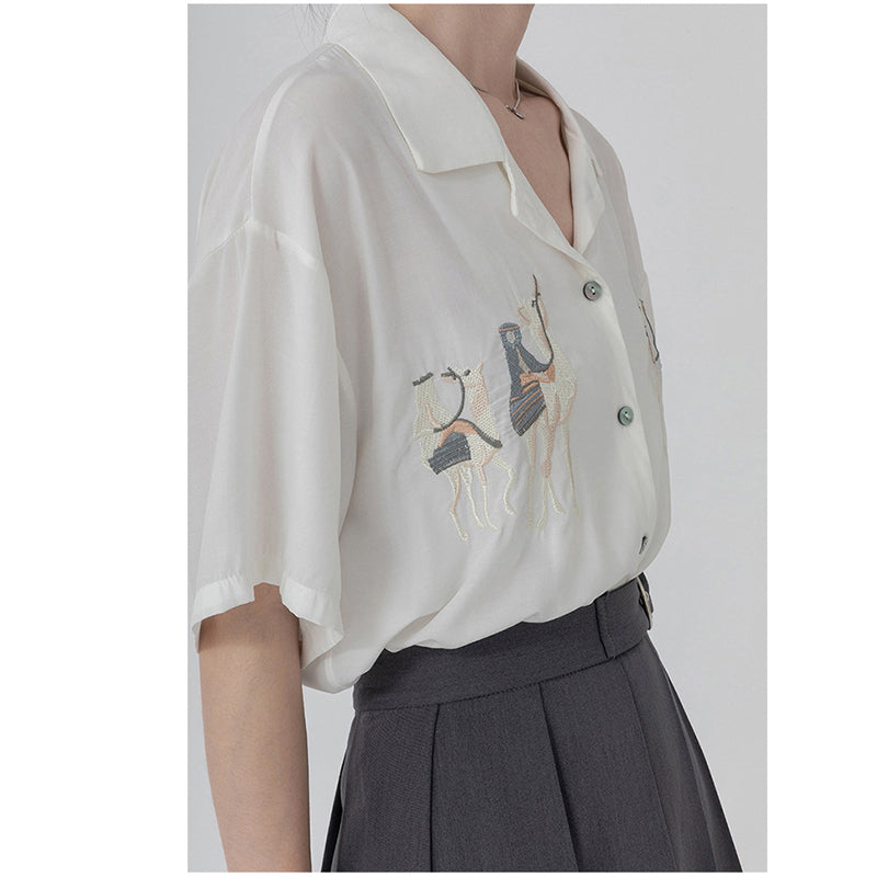 [HUAYUXIN Series] ★Tops★ 2color Shirt Short Sleeve Embroidery Women's Temperament Enhancement Chiffon Black White