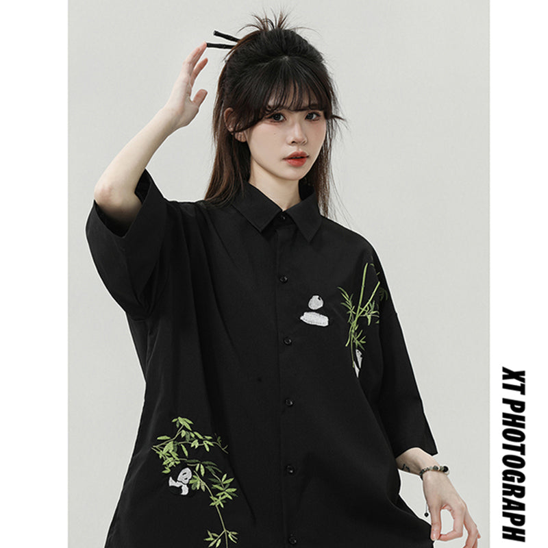 [SENSU series] ★Chinese style shirt★ 2 colors Tops Short sleeve shirt Unisex Men's Large size Panda Bamboo Embroidery Cool Summer clothes Black White