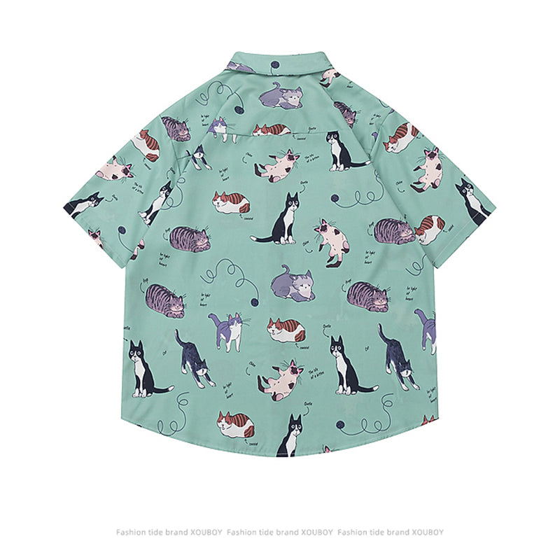 【TRAVEL ISSUANCEシリーズ】★シャツ★ 3color 半袖シャツ プリント トップス 男女兼用 メンズ M L XL 2XL 猫 ねこ ネコ