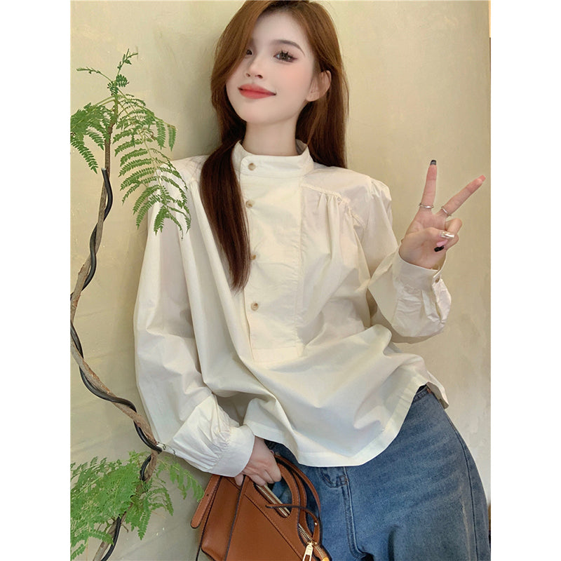 [YIHAO Series]★Shirt★ Tops Long Sleeve Shirt Women's Simple Stand Neck Retro Easy to Match