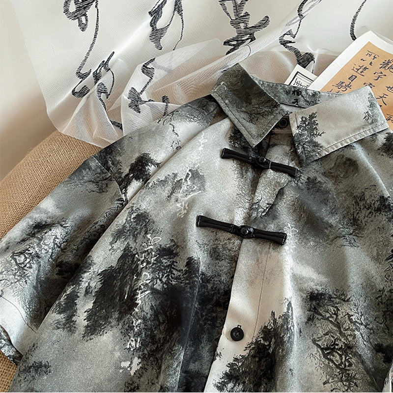 [SENSU series] ★Chinese-style tops★ 2 colors, shirt, short sleeves, unisex, men's, large size, Chinese clothing, ink-wash pattern, tie-dye