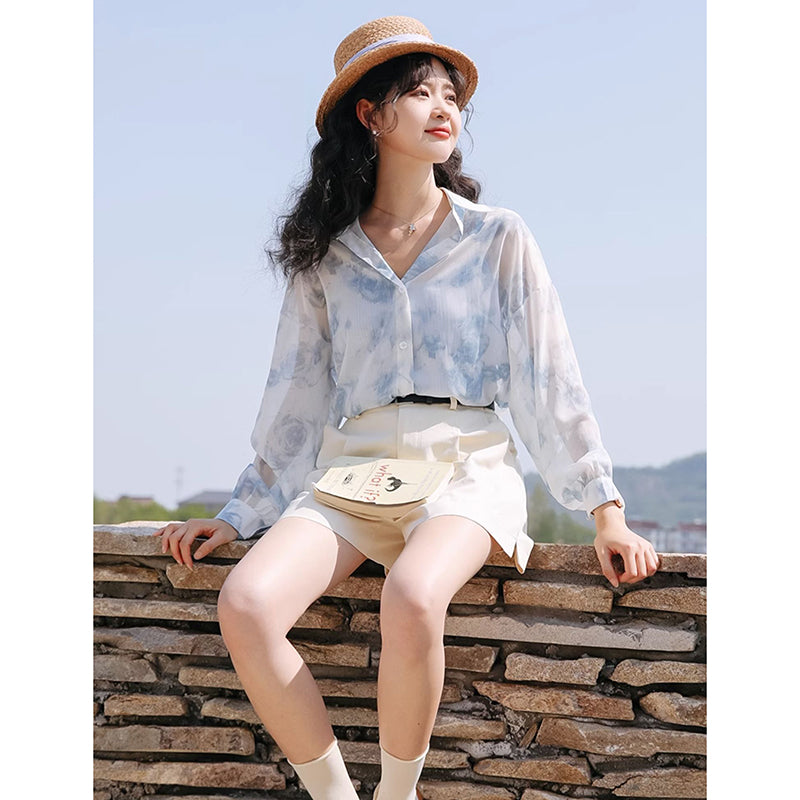 【MUTUシリーズ】★シャツ★ 3color 水墨柄 トップス 長袖 薄い プリント レディース 夏服 可愛い デート