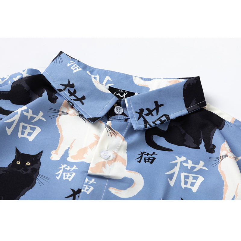 【TRAVEL ISSUANCEシリーズ】★シャツ★ 半袖シャツ トップス 猫 猫柄 ねこ ネコ 男女兼用 メンズ M L XL 2XL レディース 夏服 ブルー 青い