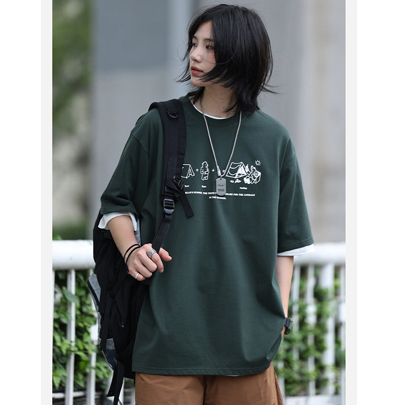 【NCLLWシリーズ】★Tシャツ★ 4color トップス 半袖 男女兼用 メンズ カートゥーン 青 白 緑 灰 合わせやすい