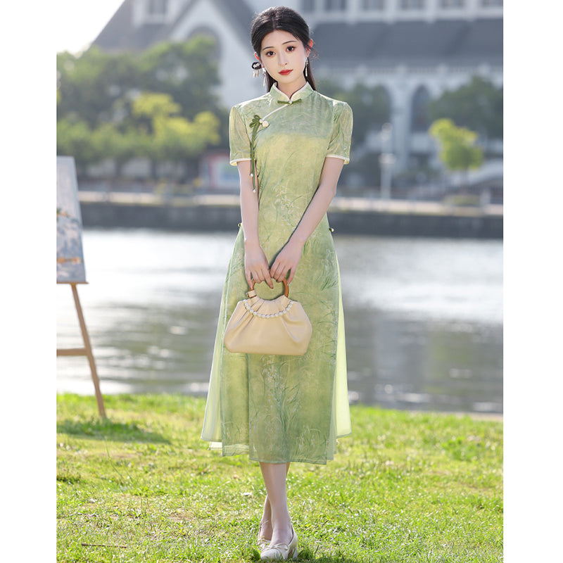 [HLQ Series] ★Chinese Dress★ Chinese-style one-piece dress, Ao Dai, cute, green, coming-of-age ceremony, date, birthday