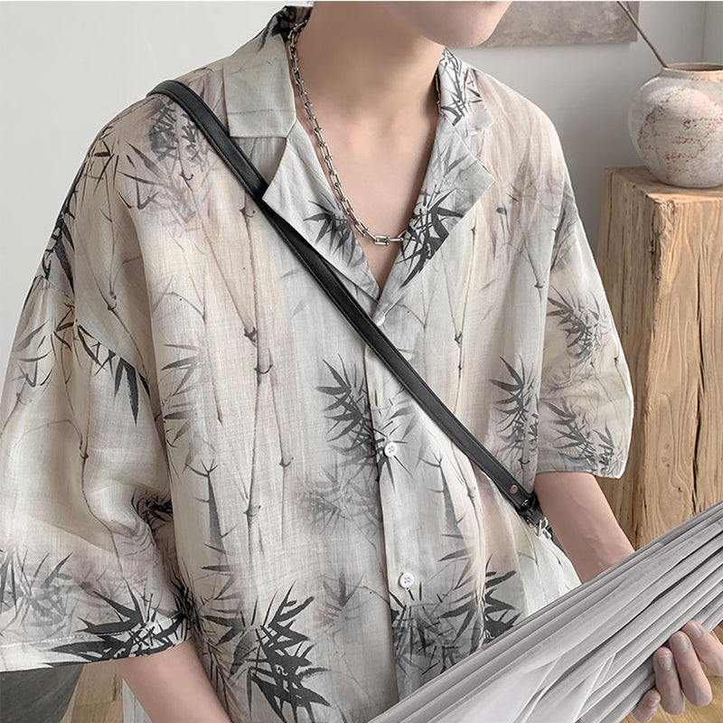 [Vesibo Series] ★Chinese-style top★ Shirt, short sleeves, unisex, men's, bamboo, bamboo pattern, ink painting pattern, retro, casual