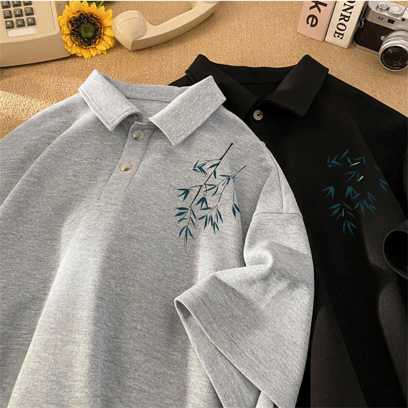 [DFBL series] ★Chinese style tops★ 4 colors POLO shirts Unisex Men's Large size Bamboo Simple Black White Gray