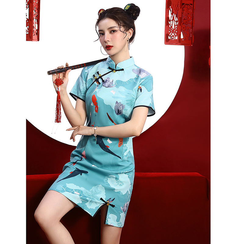 [MOMO Series]★Cheongsam dress★ Chinese style dress, short sleeves, short length, retro blue, blue