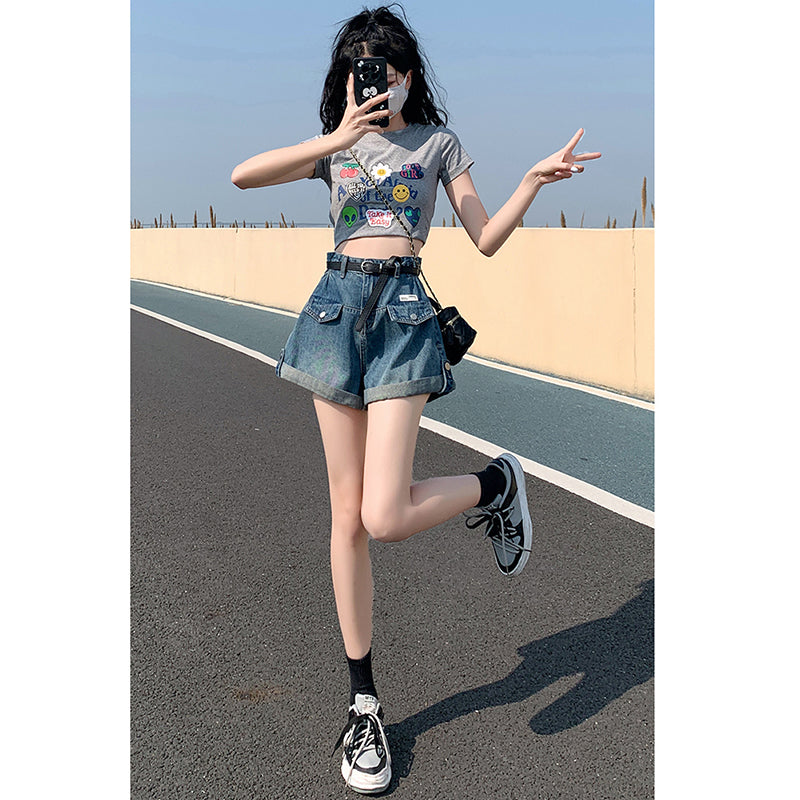 [Flower Series] ★Shorts★ Shorts Pants Denim 2color Easy to match Summer SML Blue Black