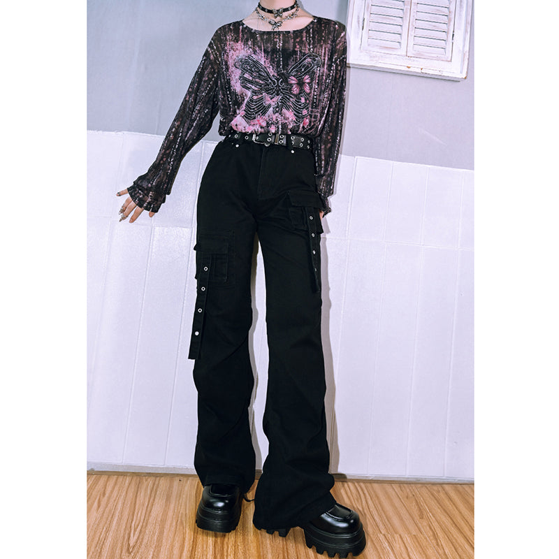 [Kokaisha---Butterfly Gin Series] Chinese-style trousers, bottoms, gaucho pants, original, slimming, switching, floral pattern