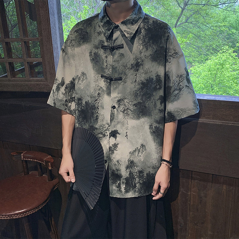 [SENSU series] ★Chinese-style tops★ 2 colors, shirt, short sleeves, unisex, men's, large size, Chinese clothing, ink-wash pattern, tie-dye