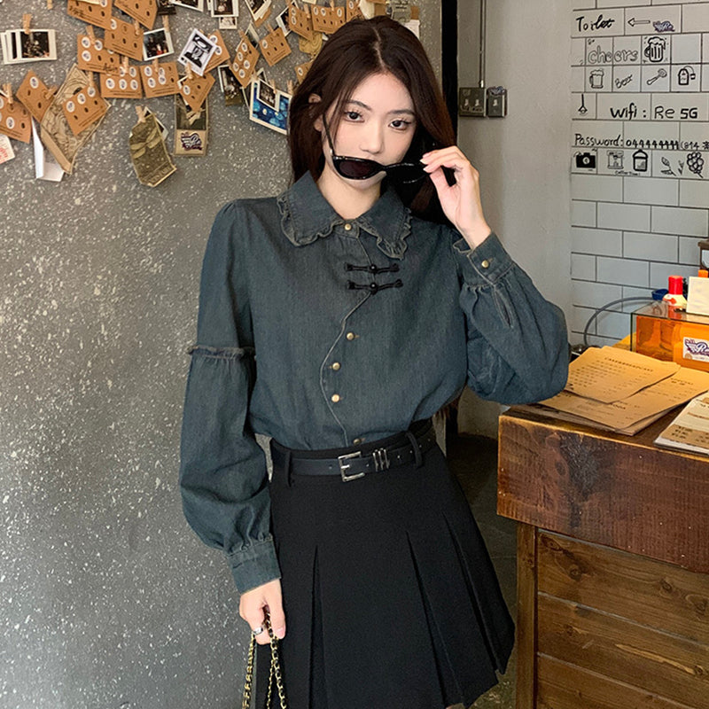 [KEKELI Series]★China Style Shirt★ Tops Long Sleeve Shirt Denim Shirt Women's China Button Blue Blue