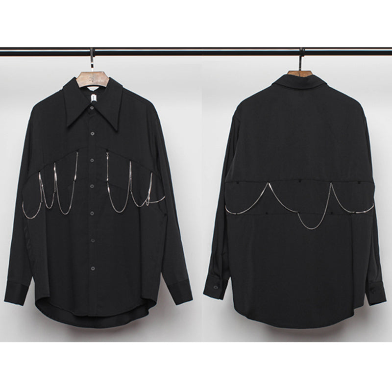 [WL Series]★Shirt★ Tops Long Sleeve Shirt Chain Unisex Men's Black Harajuku Style