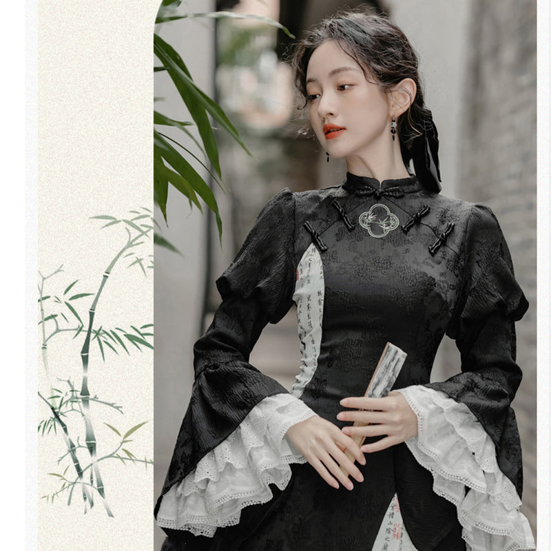 [Ink year flower series] ★China style dress★ Improved cheongsam dress Switching Letter pattern Kanji pattern Black Black