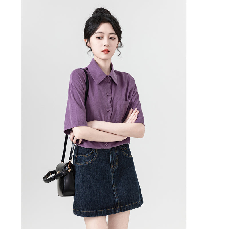 [WEIWU Series] ★Shirt★ 2 colors Short sleeve Tops for women Easy to match Improve your style Purple Beige