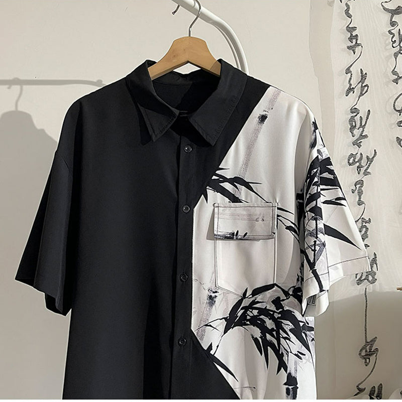 [BIGEMAN Series] ★China style tops★ 2color shirt, bamboo pattern, bamboo, short sleeves, unisex, men's, large size, black white