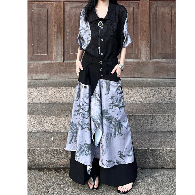 [Illustrated series]★China style pants★Bottoms China button black black unisex men's casual pants