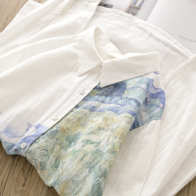 [XIUZHI Series] ★Long-sleeved shirt★ Tops for women, oil painting style, cotton, white, blue, improves your temperament