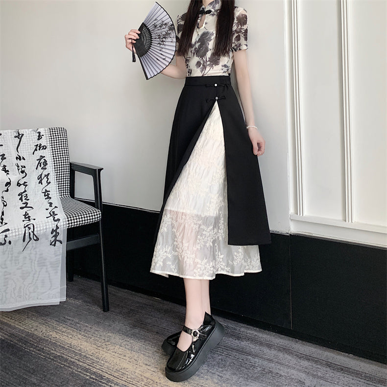 [FQXD Series]★China Style Skirt★ Bottoms Ladies Switching Black Black Elastic Waist