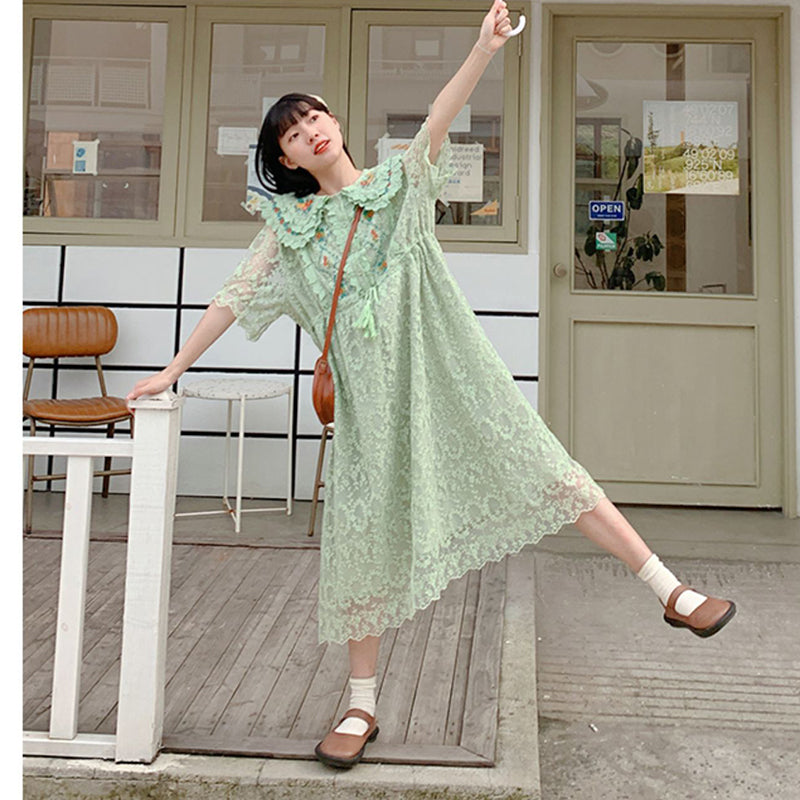 [MUCHA Series] ★One Piece★ Lace Embroidery Ladies Cute Temperament Up Date Commuting Green Green