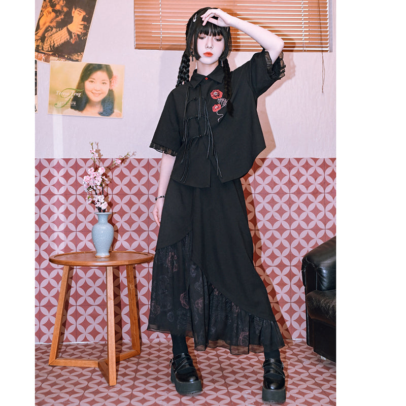 [Kokaisha Series] ★China style pants★ Chiffon gaucho pants Spring/Summer Loose Black Black SML XL